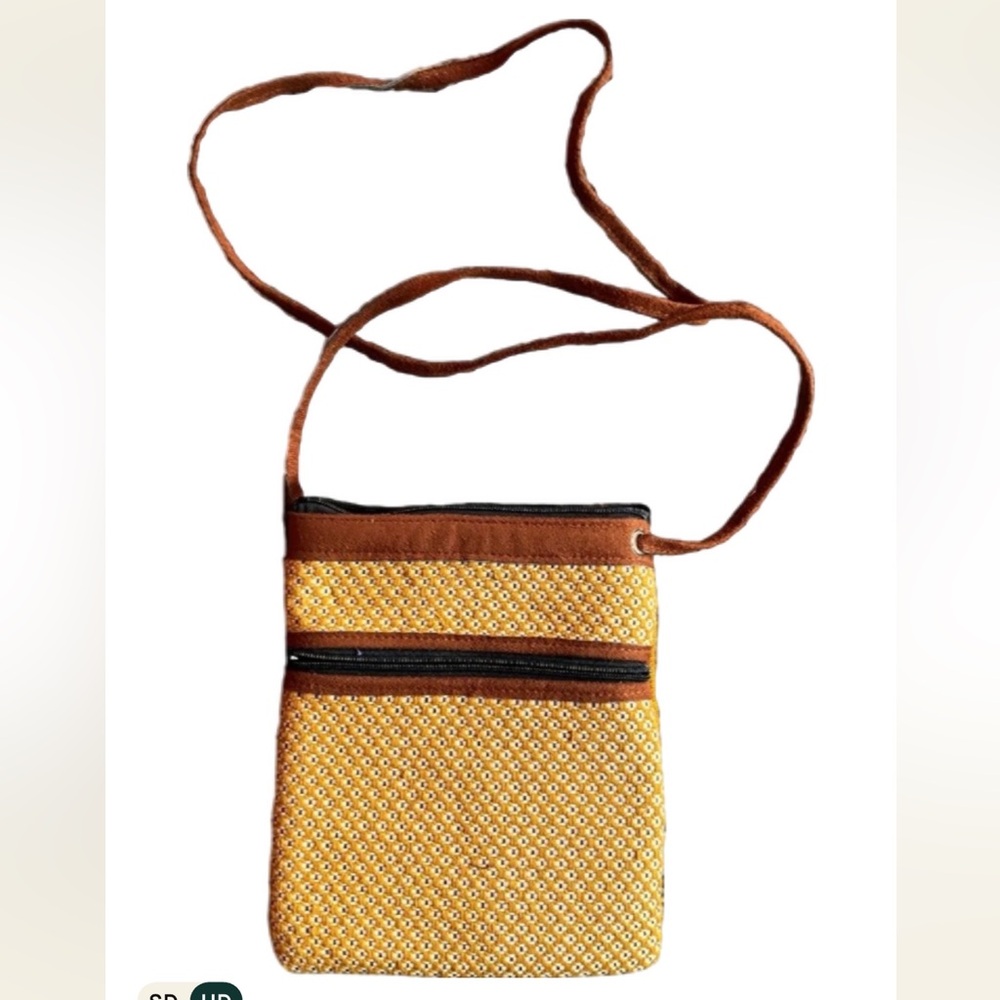 Cute Casual Summer Crossbody Bag Suede and Canvas Rust Red and Mustard Yellow
